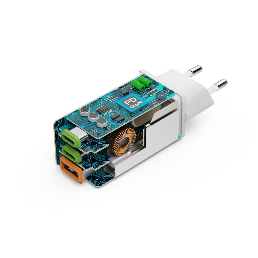 Chargeur rapide, 2 USB-C, 1 USB-A, mini-chargeur, PD, 65 W, blanc